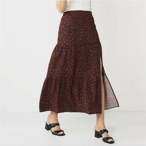 NEW Nine West Tiered Slit Maxi Skirt Brown Cheetah Leopard Print Elastic Waist M